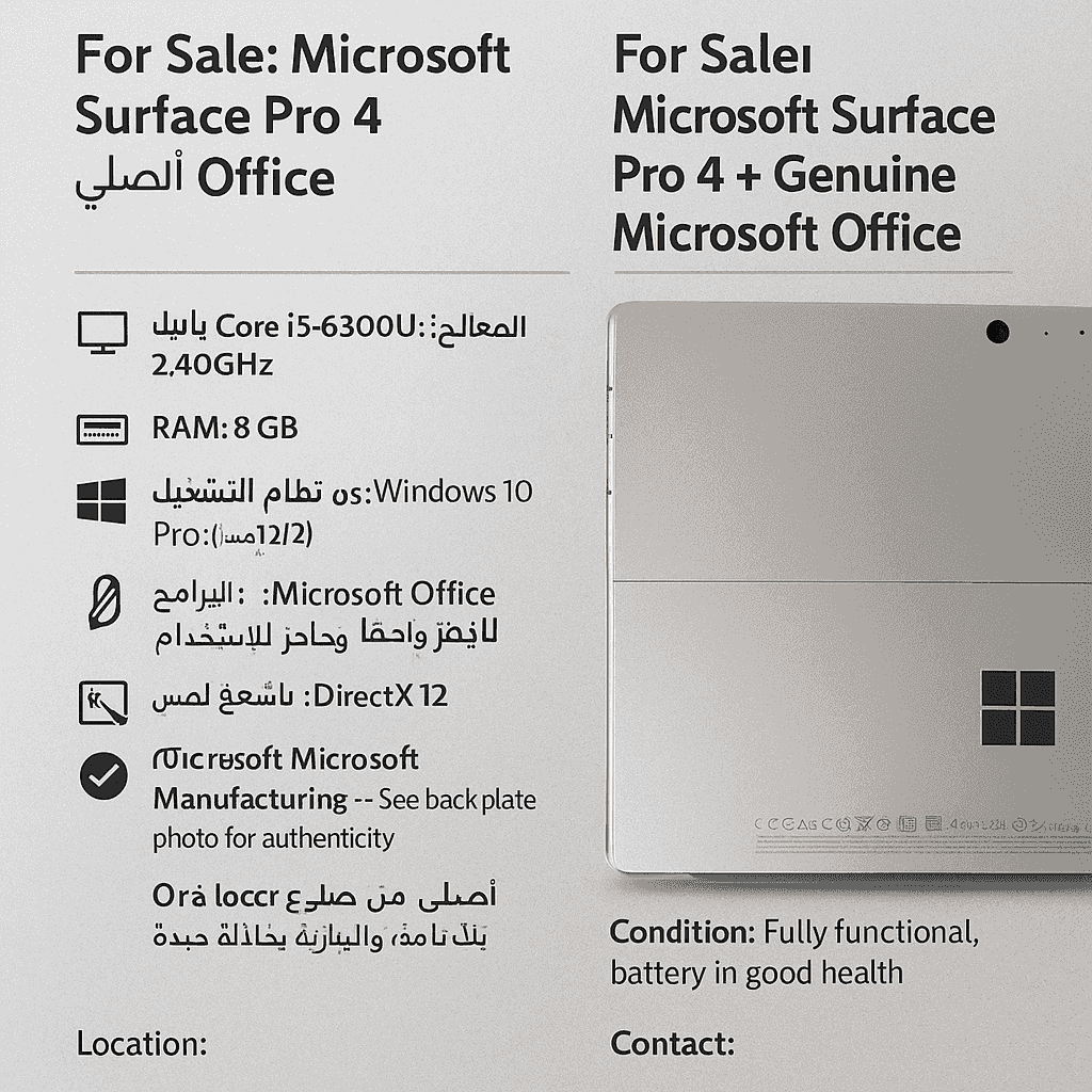 📢 للبيع: جهاز Microsoft Surface Pro 4 مع Office الأصلي