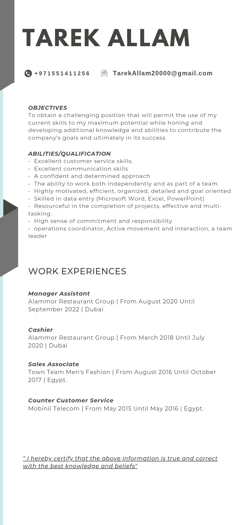 I am looking for a job as a waiter or cashier