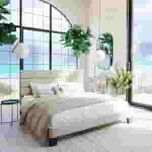 Elison Platform bed with fabric-upholstered headboard and wooden slats 