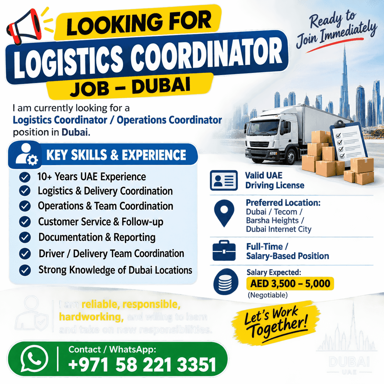 LOOKING FOR LOGISTICS COORDINATOR JOB – DUBAI