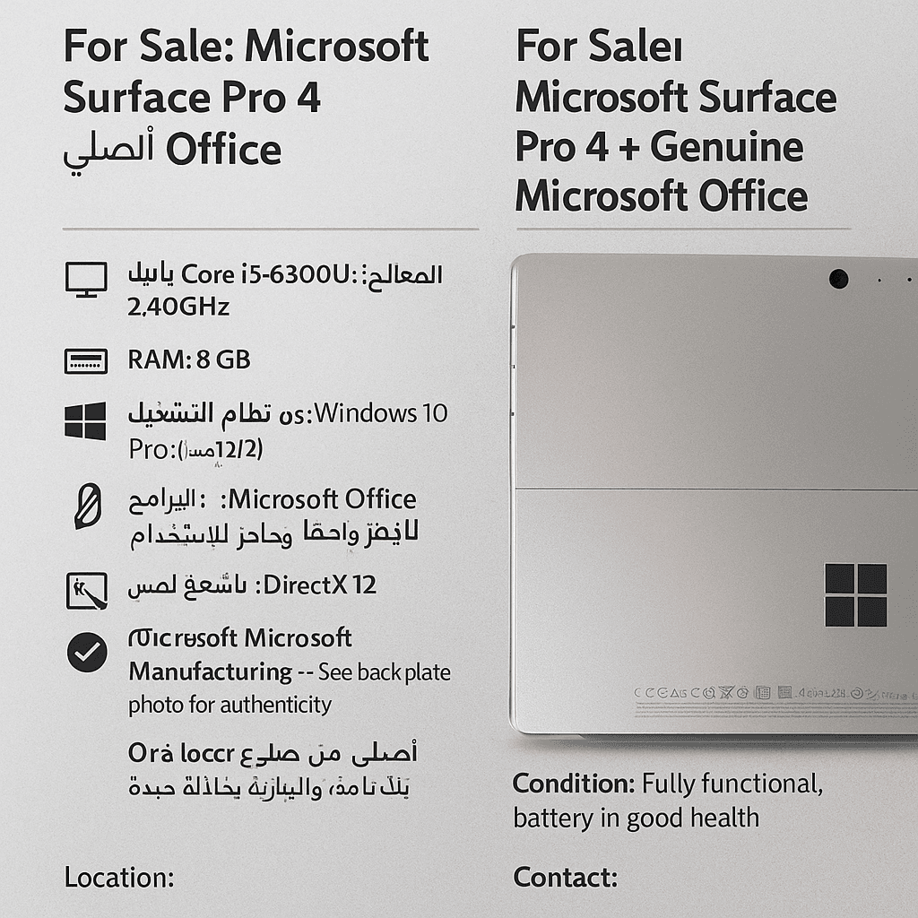📢 للبيع: جهاز Microsoft Surface Pro 4 مع Office الأصلي 0