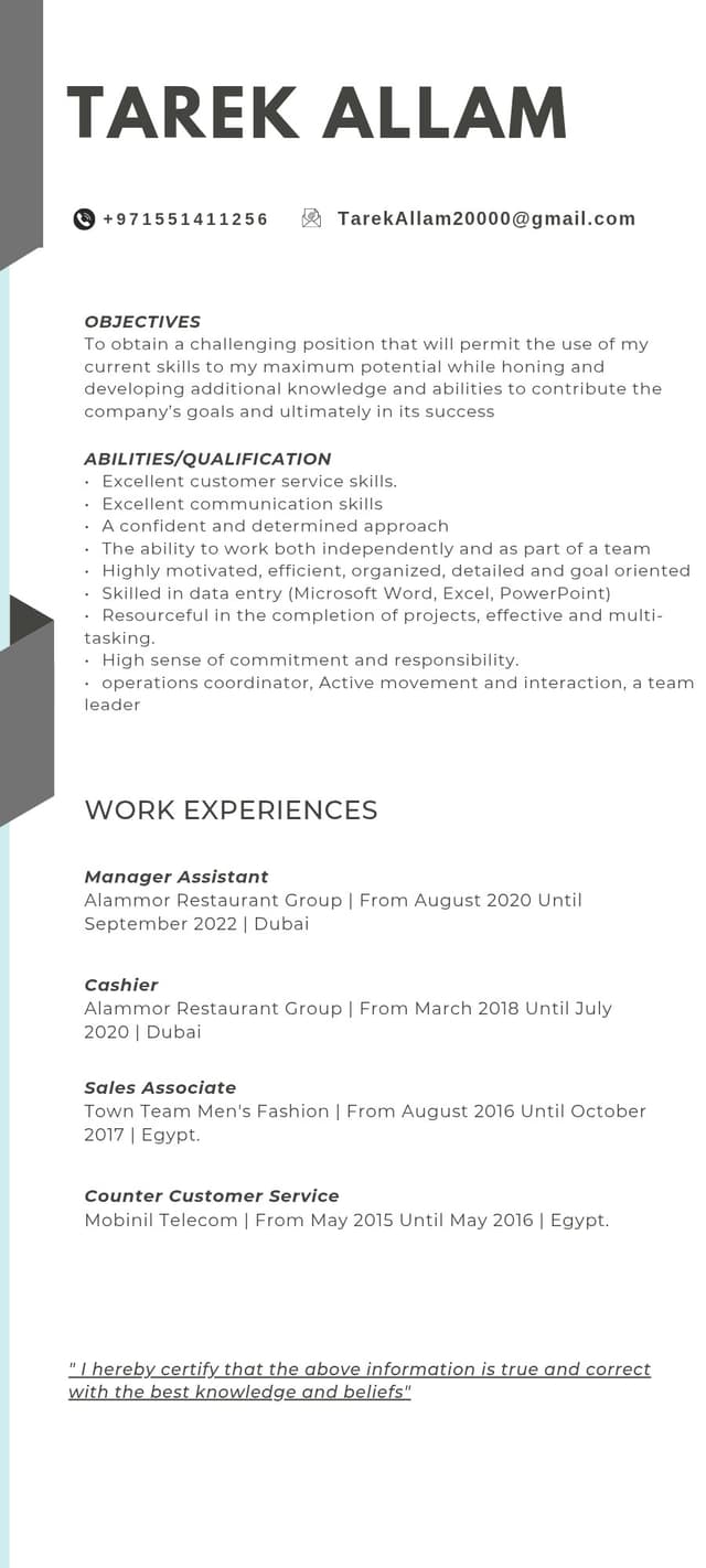I am looking for a job as a waiter or cashier