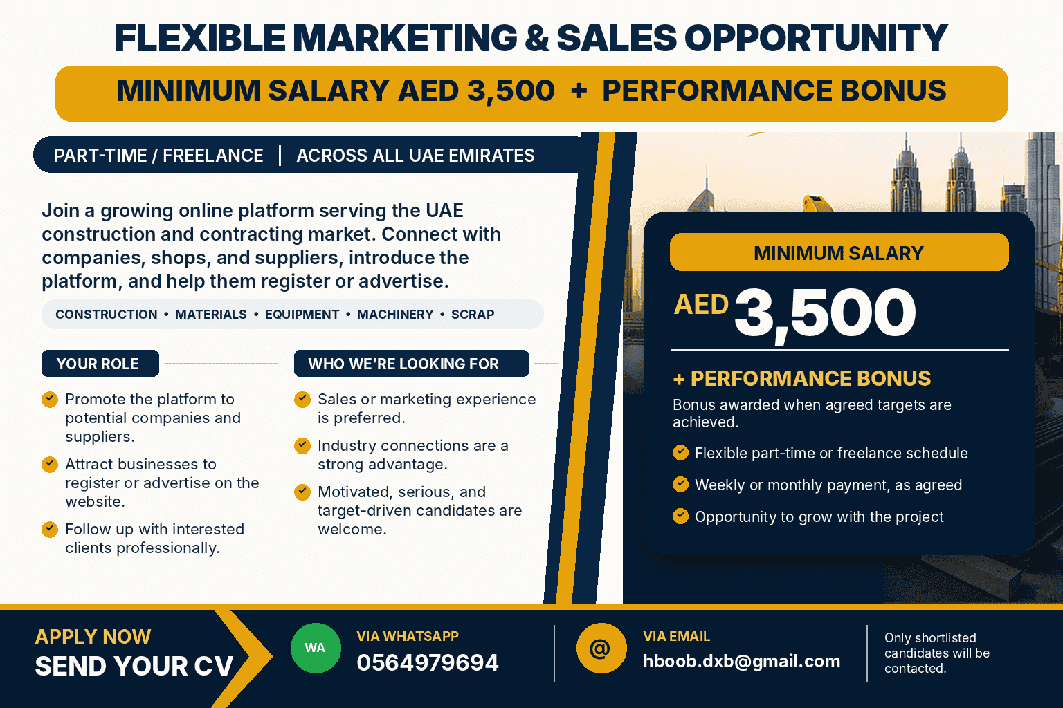 MINIMUM SALARY AED 3,500 + PERFORMANCE BONUS AS FREELANCE WORK MINIMUM SALARY AED 3,500 + PERFORMANCE BONUS AS FREELANCE WORK