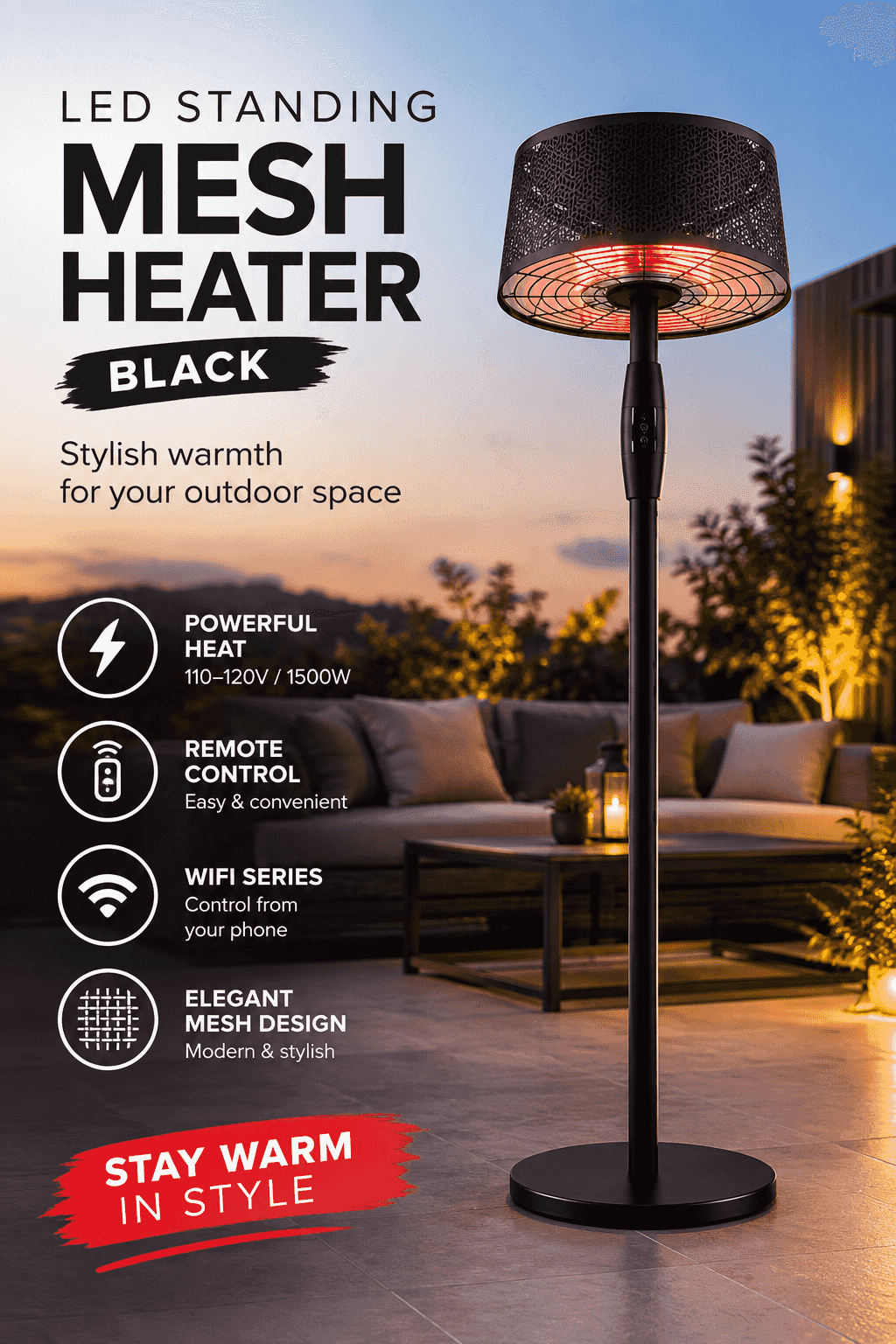 LED Standing MESH Black electric patio heater LED Standing MESH Black electric patio heater