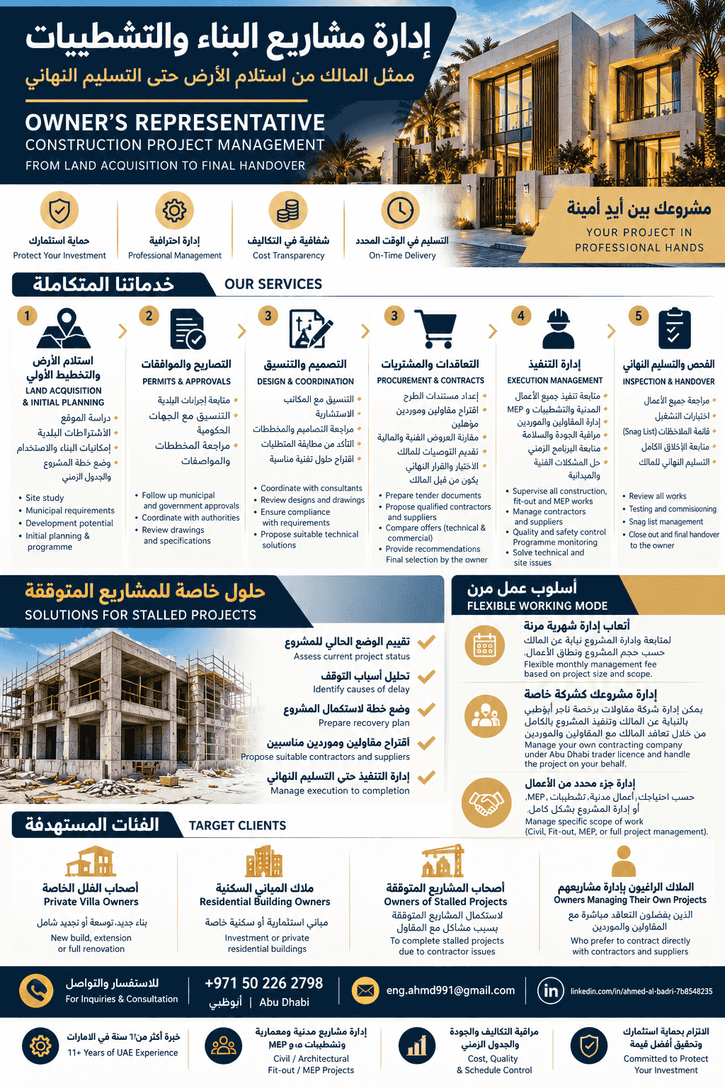 إدارة مشاريع بناء الفلل والمباني | ممثل المالك | استكمال المشاريع المتوقفة إدارة مشاريع بناء الفلل والمباني | ممثل المالك | استكمال المشاريع المتوقفة